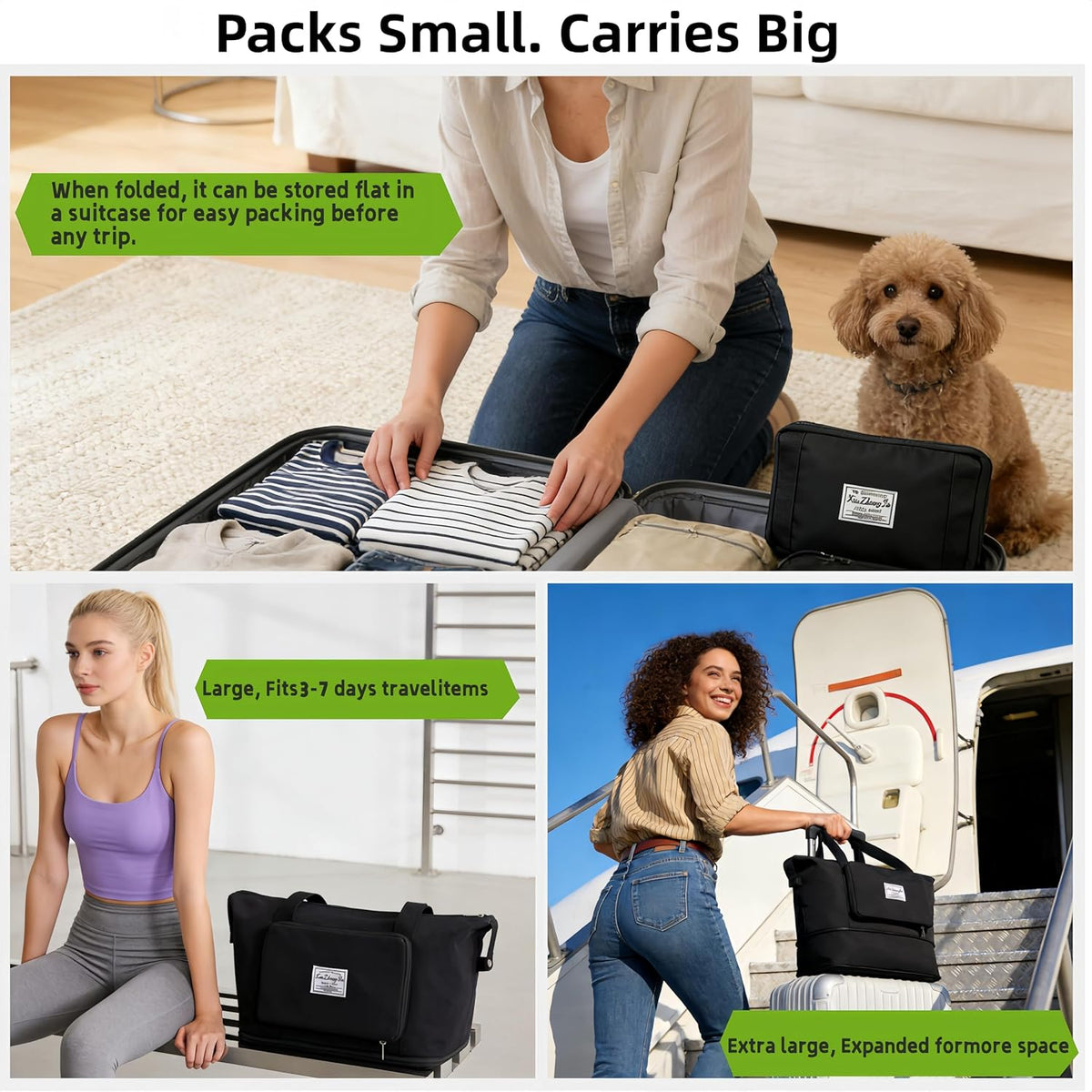 Large Capacity Travel Bag, Foldable Travel Bag, Expandable Travel Duffel Bag,Dry&Wet Separation Sports Duffel Bags Overnight Bag for Women and Man (Black)