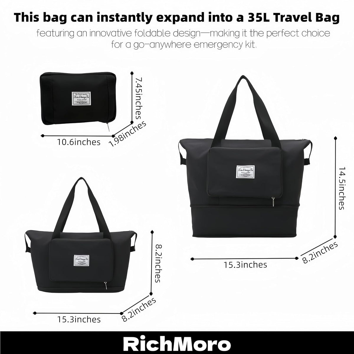 Large Capacity Travel Bag, Foldable Travel Bag, Expandable Travel Duffel Bag,Dry&Wet Separation Sports Duffel Bags Overnight Bag for Women and Man (Black)