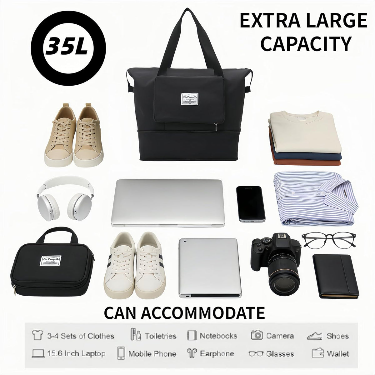 Large Capacity Travel Bag, Foldable Travel Bag, Expandable Travel Duffel Bag,Dry&Wet Separation Sports Duffel Bags Overnight Bag for Women and Man (Black)