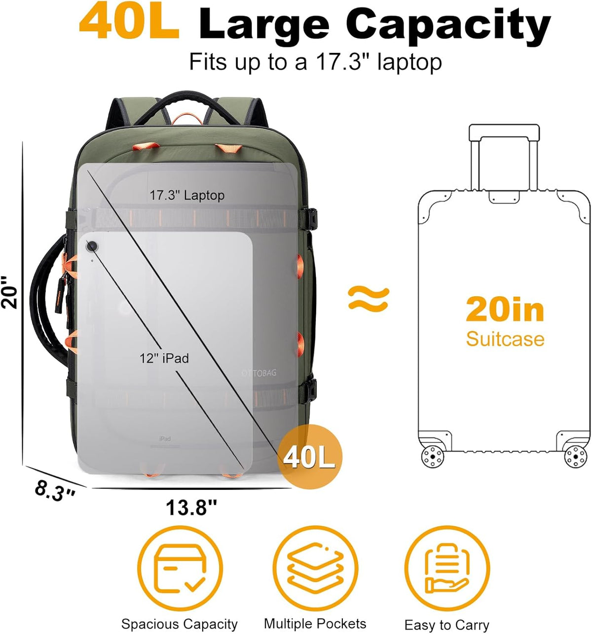 40L Travel Backpack,TSA Approved Carry On Backpack,Business Work Bag with Wet/Dry Compartment, Fits 17.3" Laptop, Duffel Bag for Men Women(Black)