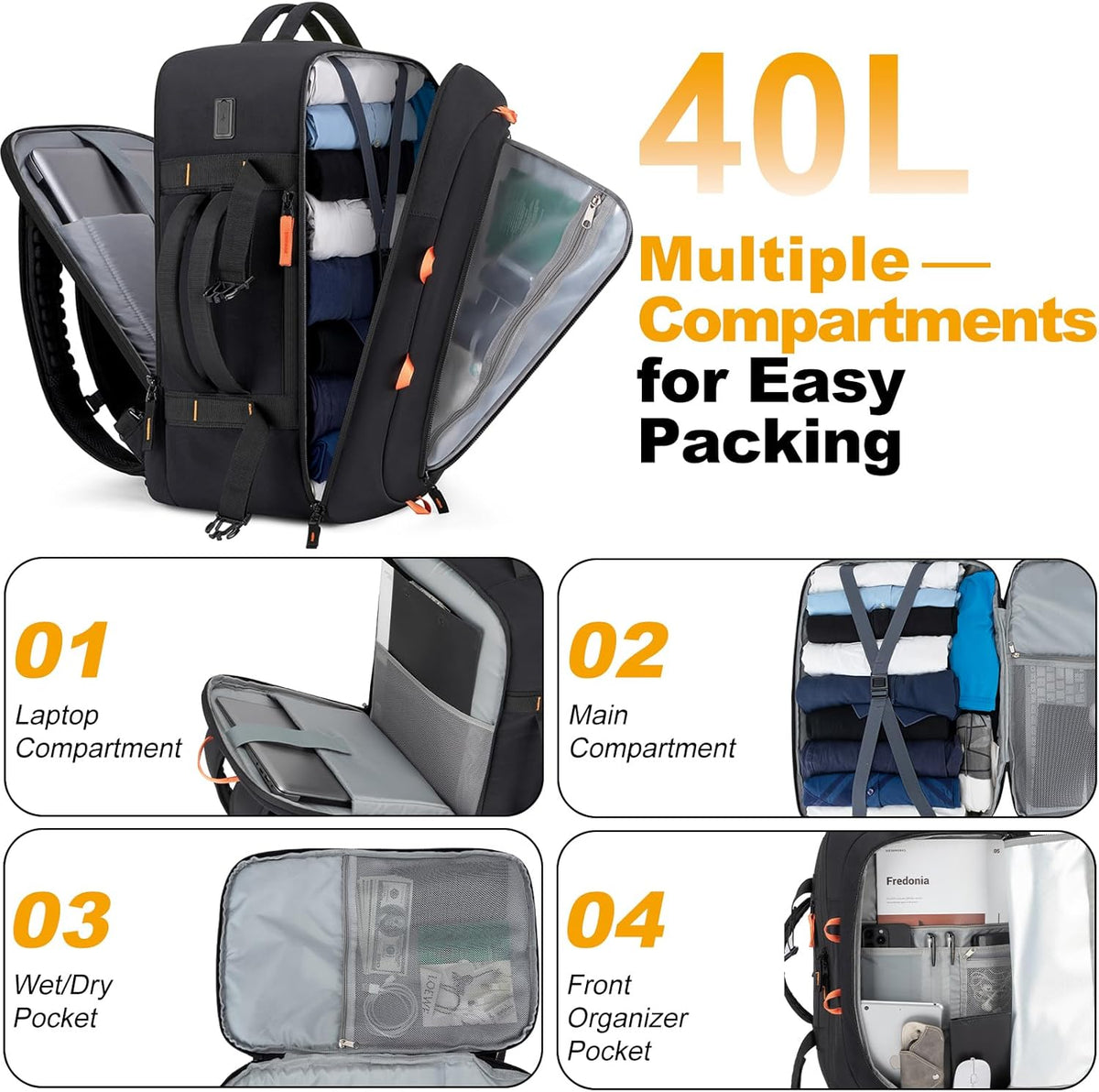 40L Travel Backpack,TSA Approved Carry On Backpack,Business Work Bag with Wet/Dry Compartment, Fits 17.3" Laptop, Duffel Bag for Men Women(Black)