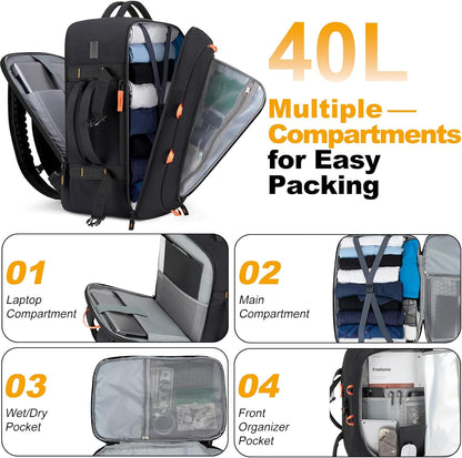 40L Travel Backpack,TSA Approved Carry On Backpack,Business Work Bag with Wet/Dry Compartment, Fits 17.3" Laptop, Duffel Bag for Men Women(Black)
