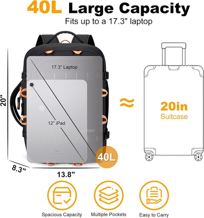 40L Travel Backpack,TSA Approved Carry On Backpack,Business Work Bag with Wet/Dry Compartment, Fits 17.3" Laptop, Duffel Bag for Men Women(Black)