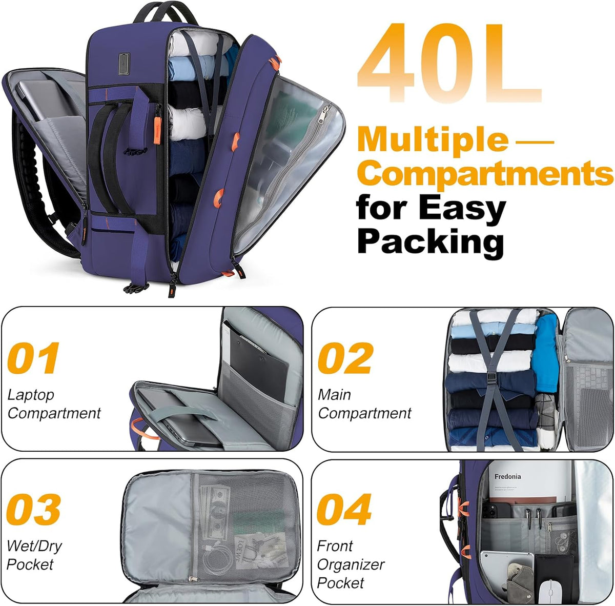 40L Travel Backpack,TSA Approved Carry On Backpack,Business Work Bag with Wet/Dry Compartment, Fits 17.3" Laptop, Duffel Bag for Men Women(Black)