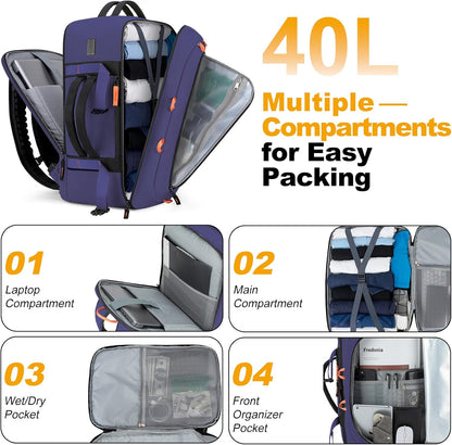 40L Travel Backpack,TSA Approved Carry On Backpack,Business Work Bag with Wet/Dry Compartment, Fits 17.3" Laptop, Duffel Bag for Men Women(Black)