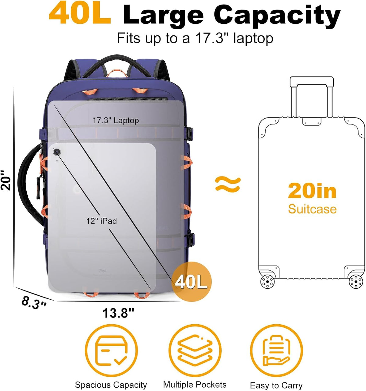 40L Travel Backpack,TSA Approved Carry On Backpack,Business Work Bag with Wet/Dry Compartment, Fits 17.3" Laptop, Duffel Bag for Men Women(Black)