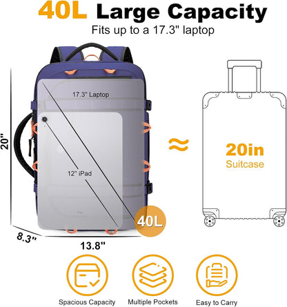 40L Travel Backpack,TSA Approved Carry On Backpack,Business Work Bag with Wet/Dry Compartment, Fits 17.3" Laptop, Duffel Bag for Men Women(Black)