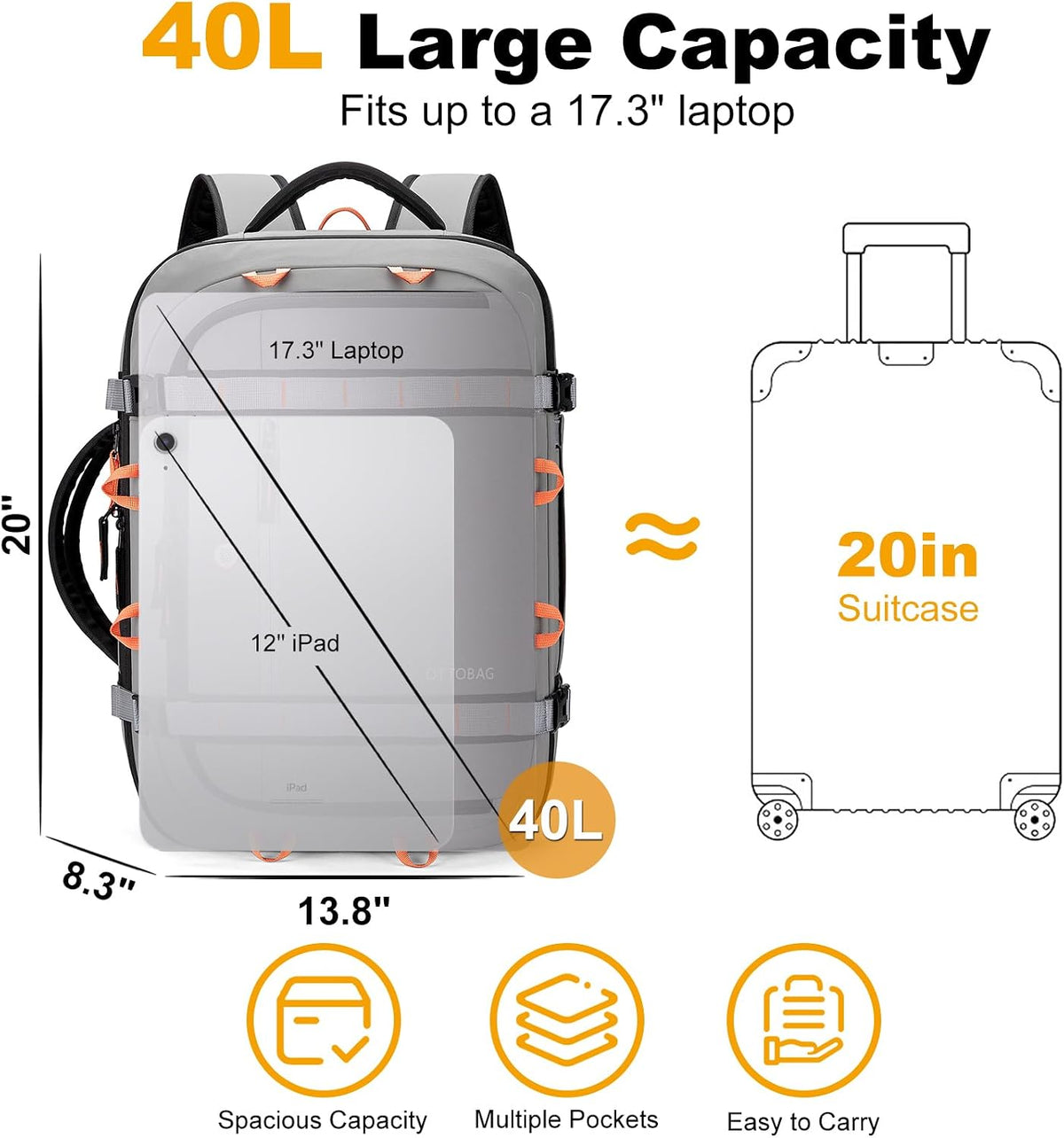 40L Travel Backpack,TSA Approved Carry On Backpack,Business Work Bag with Wet/Dry Compartment, Fits 17.3" Laptop, Duffel Bag for Men Women(Black)