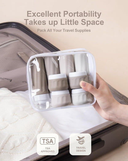Travel Bottles for Toiletries 8 Pack, Travel Size Toiletries, Tsa Approved Travel Size Containers 3oz, with Travel Essentials Clear Bag, Leak Proof Silicone Squeezable Creams Jars