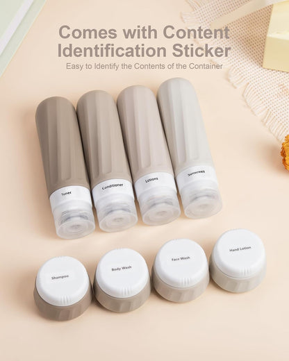 Travel Bottles for Toiletries 8 Pack, Travel Size Toiletries, Tsa Approved Travel Size Containers 3oz, with Travel Essentials Clear Bag, Leak Proof Silicone Squeezable Creams Jars
