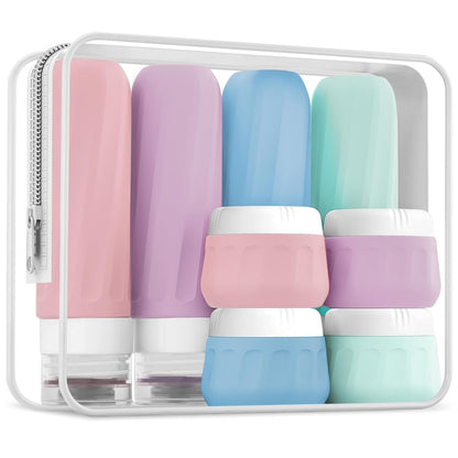 Travel Bottles for Toiletries 8 Pack, Travel Size Toiletries, Tsa Approved Travel Size Containers 3oz, with Travel Essentials Clear Bag, Leak Proof Silicone Squeezable Creams Jars