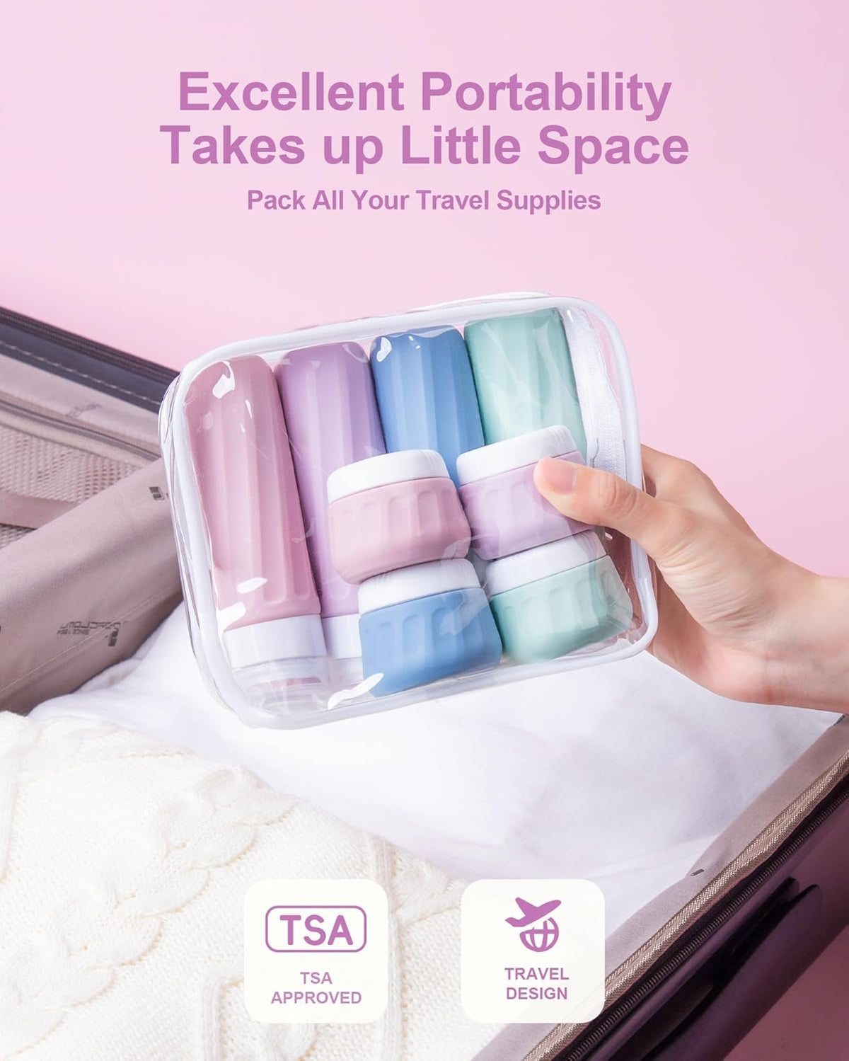 Travel Bottles for Toiletries 8 Pack, Travel Size Toiletries, Tsa Approved Travel Size Containers 3oz, with Travel Essentials Clear Bag, Leak Proof Silicone Squeezable Creams Jars