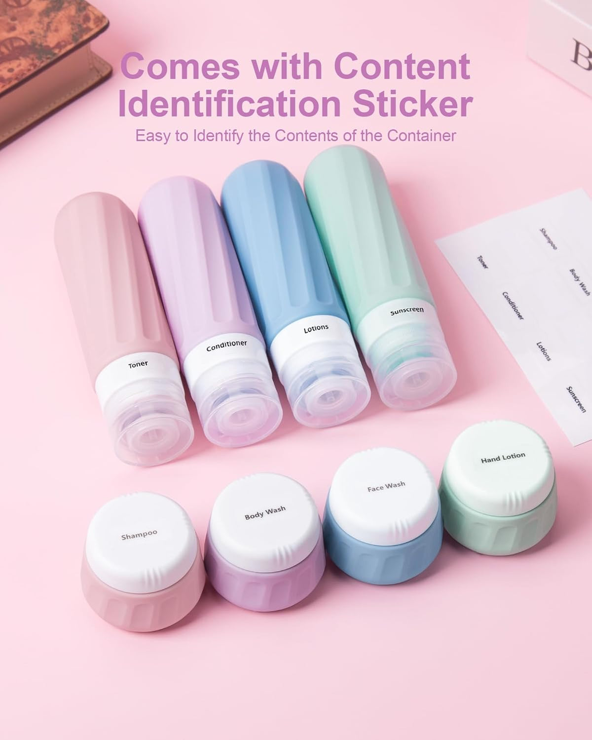 Travel Bottles for Toiletries 8 Pack, Travel Size Toiletries, Tsa Approved Travel Size Containers 3oz, with Travel Essentials Clear Bag, Leak Proof Silicone Squeezable Creams Jars