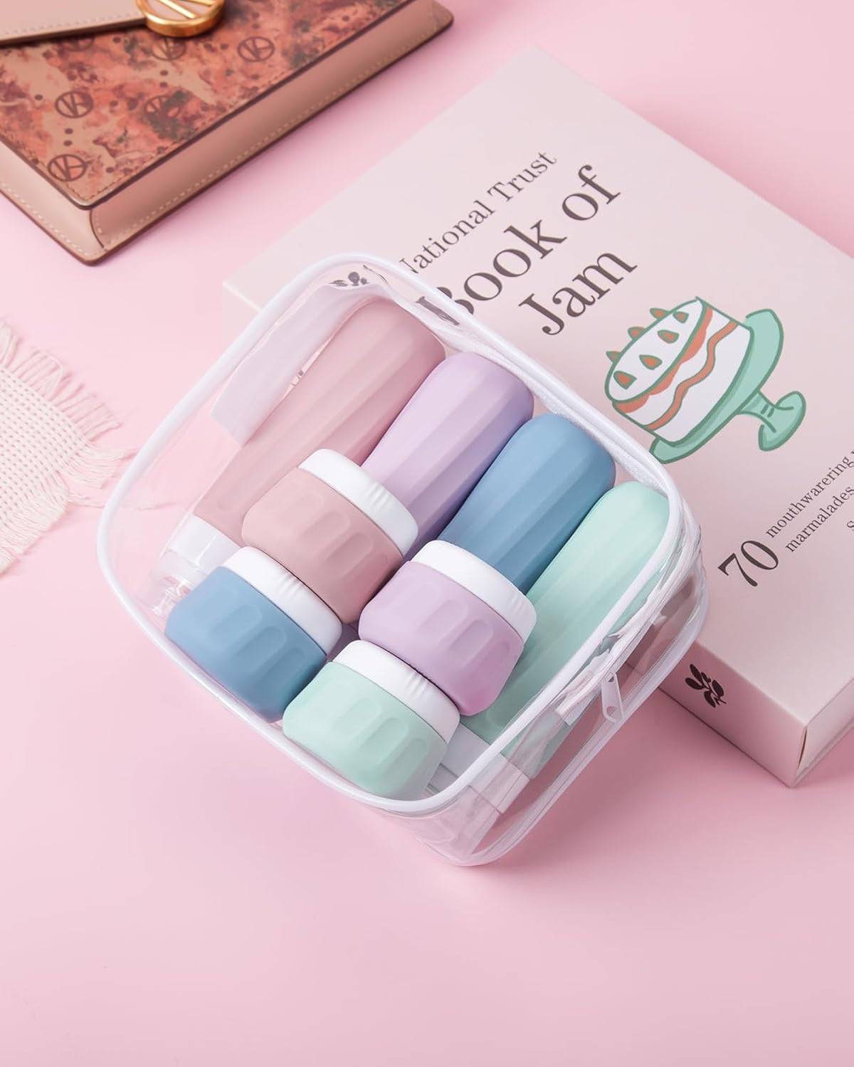 Travel Bottles for Toiletries 8 Pack, Travel Size Toiletries, Tsa Approved Travel Size Containers 3oz, with Travel Essentials Clear Bag, Leak Proof Silicone Squeezable Creams Jars