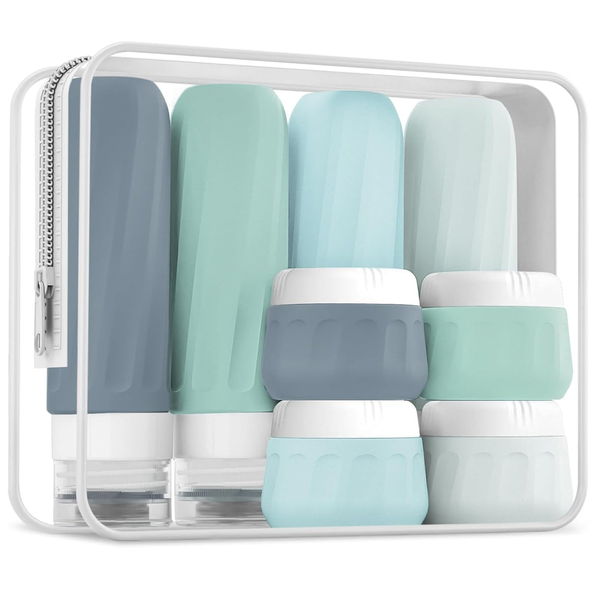 Travel Bottles for Toiletries 8 Pack, Travel Size Toiletries, Tsa Approved Travel Size Containers 3oz, with Travel Essentials Clear Bag, Leak Proof Silicone Squeezable Creams Jars
