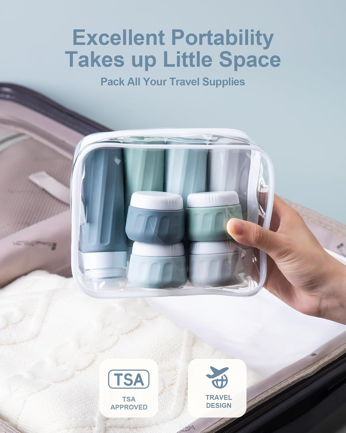 Travel Bottles for Toiletries 8 Pack, Travel Size Toiletries, Tsa Approved Travel Size Containers 3oz, with Travel Essentials Clear Bag, Leak Proof Silicone Squeezable Creams Jars