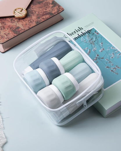 Travel Bottles for Toiletries 8 Pack, Travel Size Toiletries, Tsa Approved Travel Size Containers 3oz, with Travel Essentials Clear Bag, Leak Proof Silicone Squeezable Creams Jars