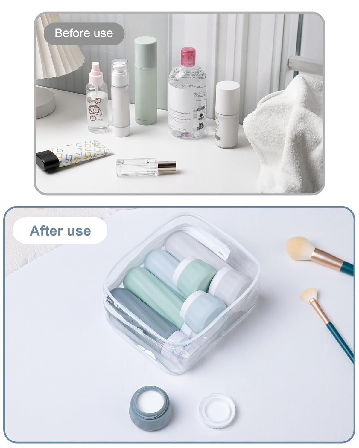 Travel Bottles for Toiletries 8 Pack, Travel Size Toiletries, Tsa Approved Travel Size Containers 3oz, with Travel Essentials Clear Bag, Leak Proof Silicone Squeezable Creams Jars