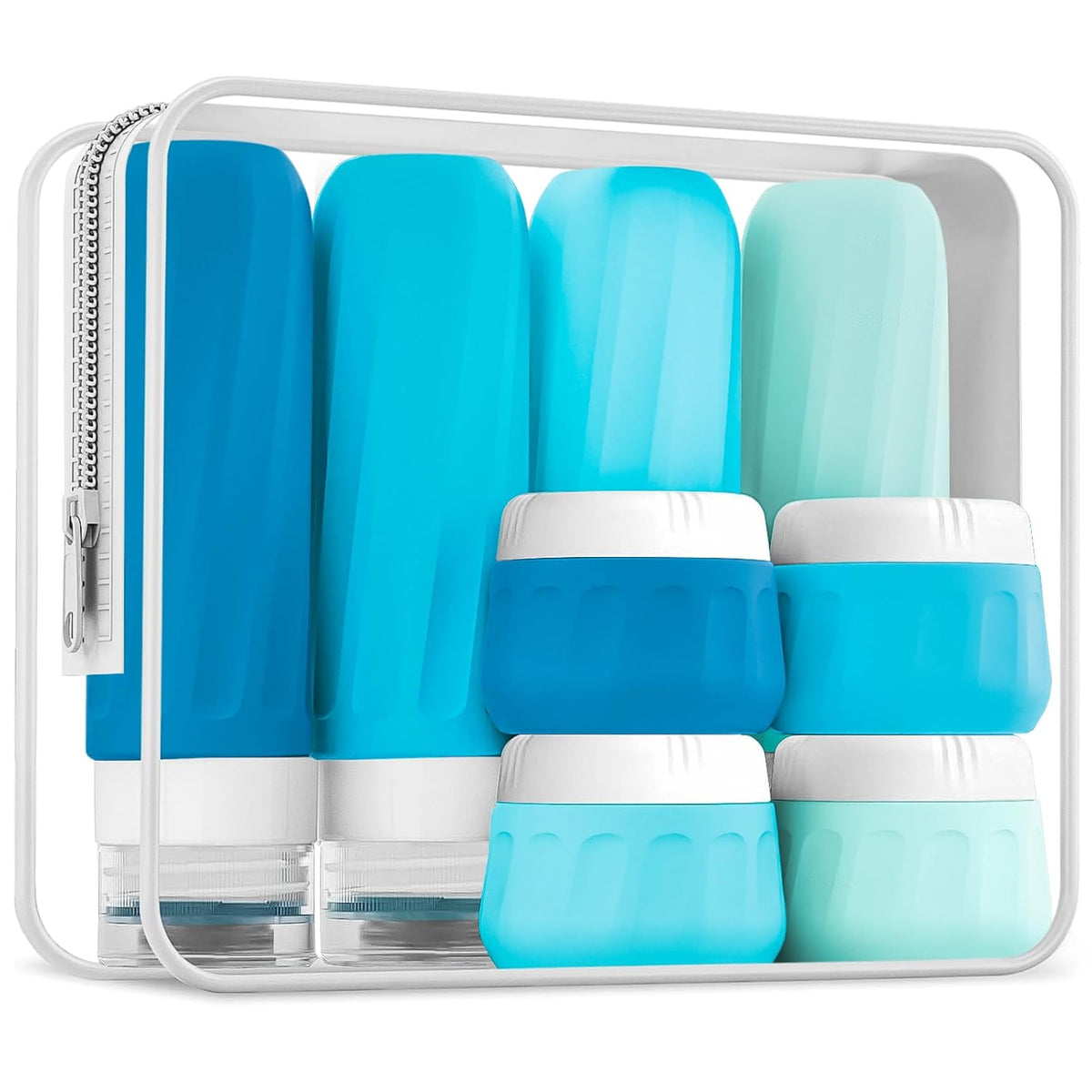 Travel Bottles for Toiletries 8 Pack, Travel Size Toiletries, Tsa Approved Travel Size Containers 3oz, with Travel Essentials Clear Bag, Leak Proof Silicone Squeezable Creams Jars