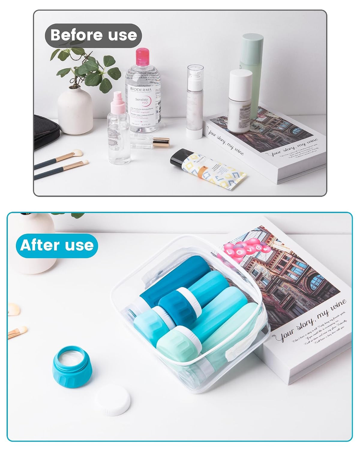 Travel Bottles for Toiletries 8 Pack, Travel Size Toiletries, Tsa Approved Travel Size Containers 3oz, with Travel Essentials Clear Bag, Leak Proof Silicone Squeezable Creams Jars