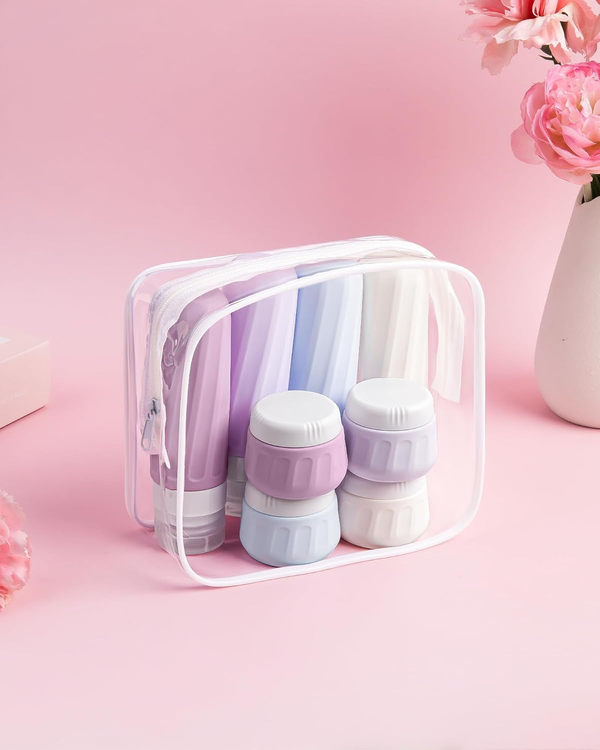 Travel Bottles for Toiletries 8 Pack, Travel Size Toiletries, Tsa Approved Travel Size Containers 3oz, with Travel Essentials Clear Bag, Leak Proof Silicone Squeezable Creams Jars