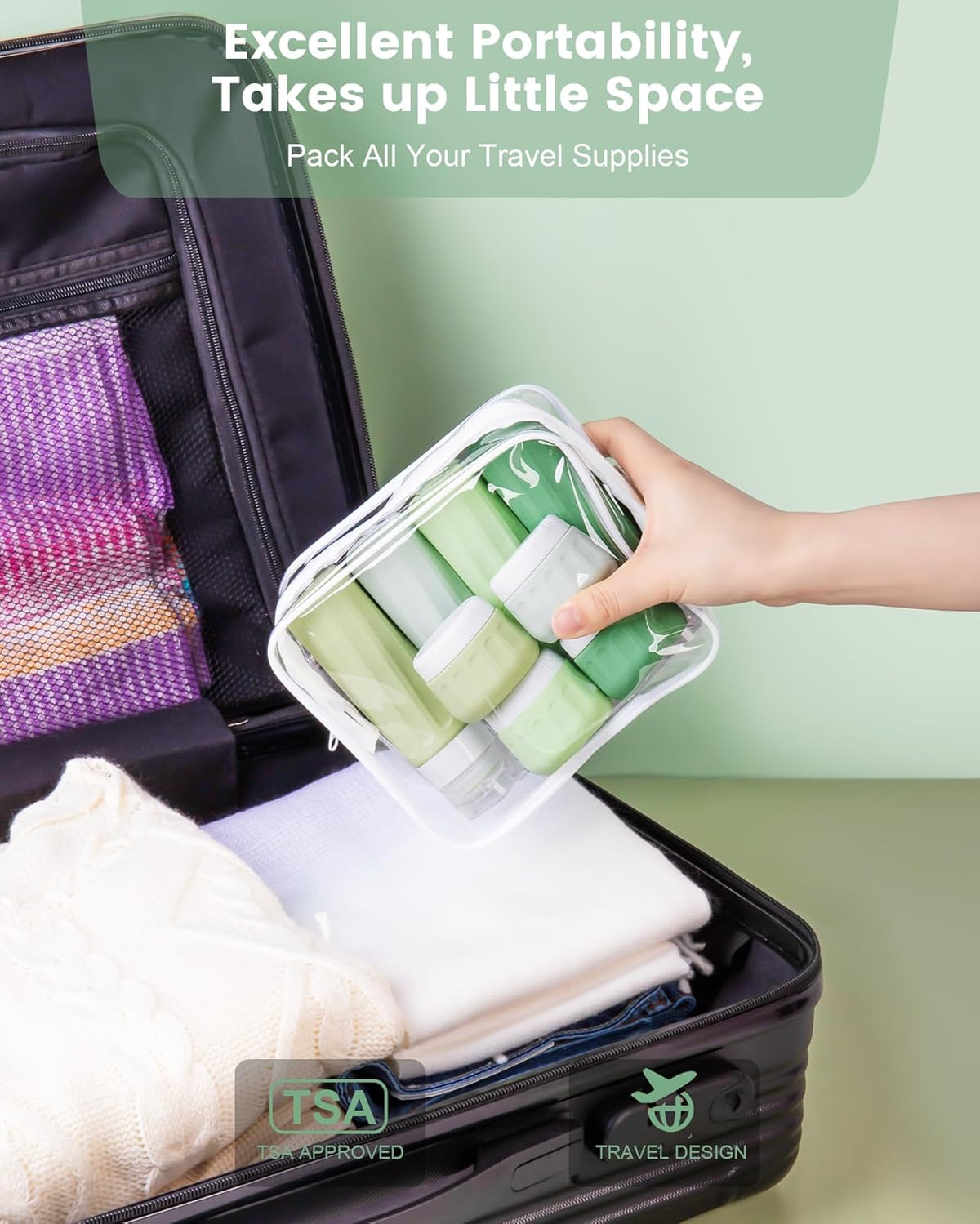 Travel Bottles for Toiletries 8 Pack, Travel Size Toiletries, Tsa Approved Travel Size Containers 3oz, with Travel Essentials Clear Bag, Leak Proof Silicone Squeezable Creams Jars