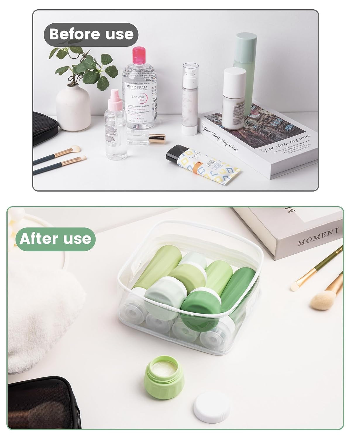 Travel Bottles for Toiletries 8 Pack, Travel Size Toiletries, Tsa Approved Travel Size Containers 3oz, with Travel Essentials Clear Bag, Leak Proof Silicone Squeezable Creams Jars