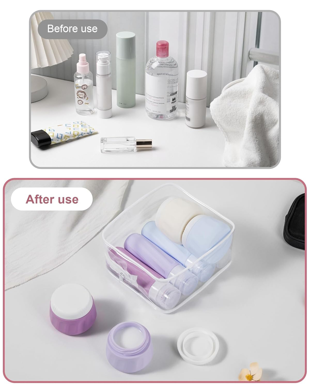 Travel Bottles for Toiletries 8 Pack, Travel Size Toiletries, Tsa Approved Travel Size Containers 3oz, with Travel Essentials Clear Bag, Leak Proof Silicone Squeezable Creams Jars