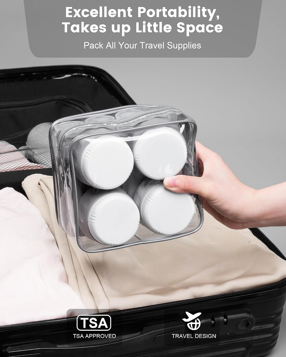 Travel Bottles for Toiletries 8 Pack, Travel Size Toiletries, Tsa Approved Travel Size Containers 3oz, with Travel Essentials Clear Bag, Leak Proof Silicone Squeezable Creams Jars