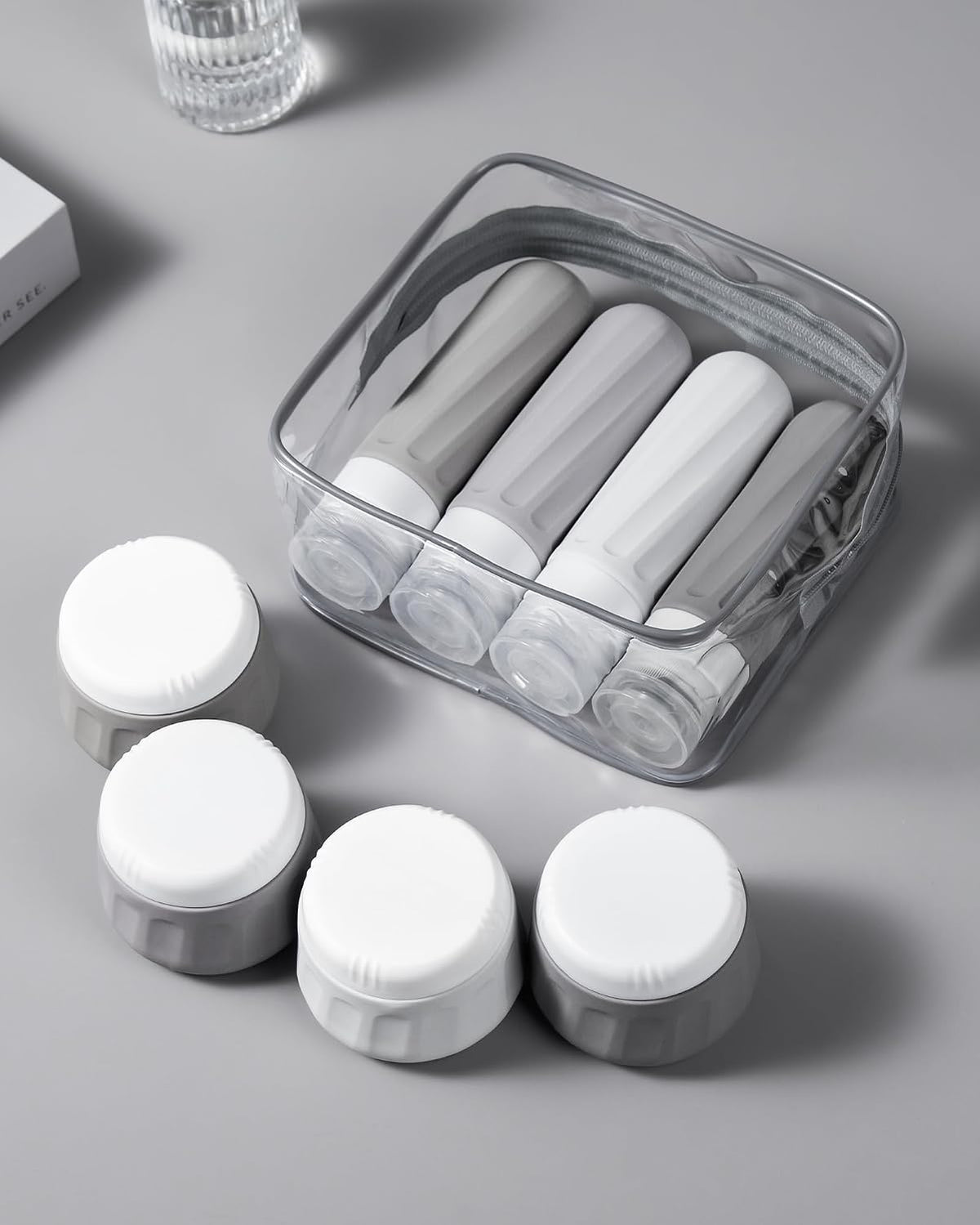 Travel Bottles for Toiletries 8 Pack, Travel Size Toiletries, Tsa Approved Travel Size Containers 3oz, with Travel Essentials Clear Bag, Leak Proof Silicone Squeezable Creams Jars
