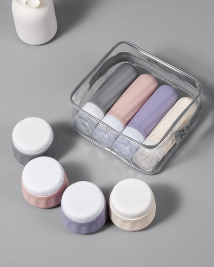 Travel Bottles for Toiletries 8 Pack, Travel Size Toiletries, Tsa Approved Travel Size Containers 3oz, with Travel Essentials Clear Bag, Leak Proof Silicone Squeezable Creams Jars