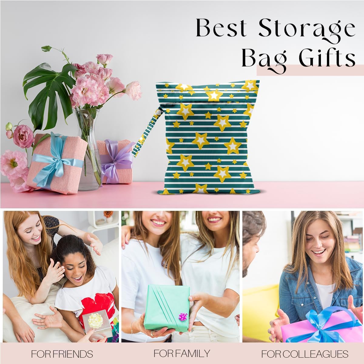 Wet Bag, Wet Dry Bag, Waterproof Swim Bags, Machine Washable Reusable Bags for Beach, Pool, Diapers, and Dirty Yoga Gym Clothes(Pink & White Stripe Prin
