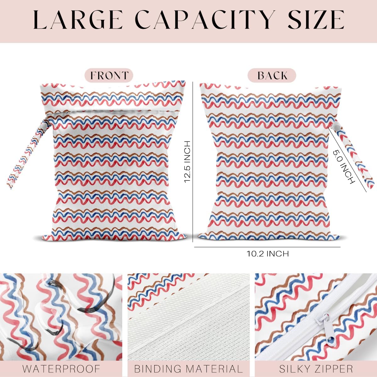 Wet Bag, Wet Dry Bag, Waterproof Swim Bags, Machine Washable Reusable Bags for Beach, Pool, Diapers, and Dirty Yoga Gym Clothes(Pink & White Stripe Prin