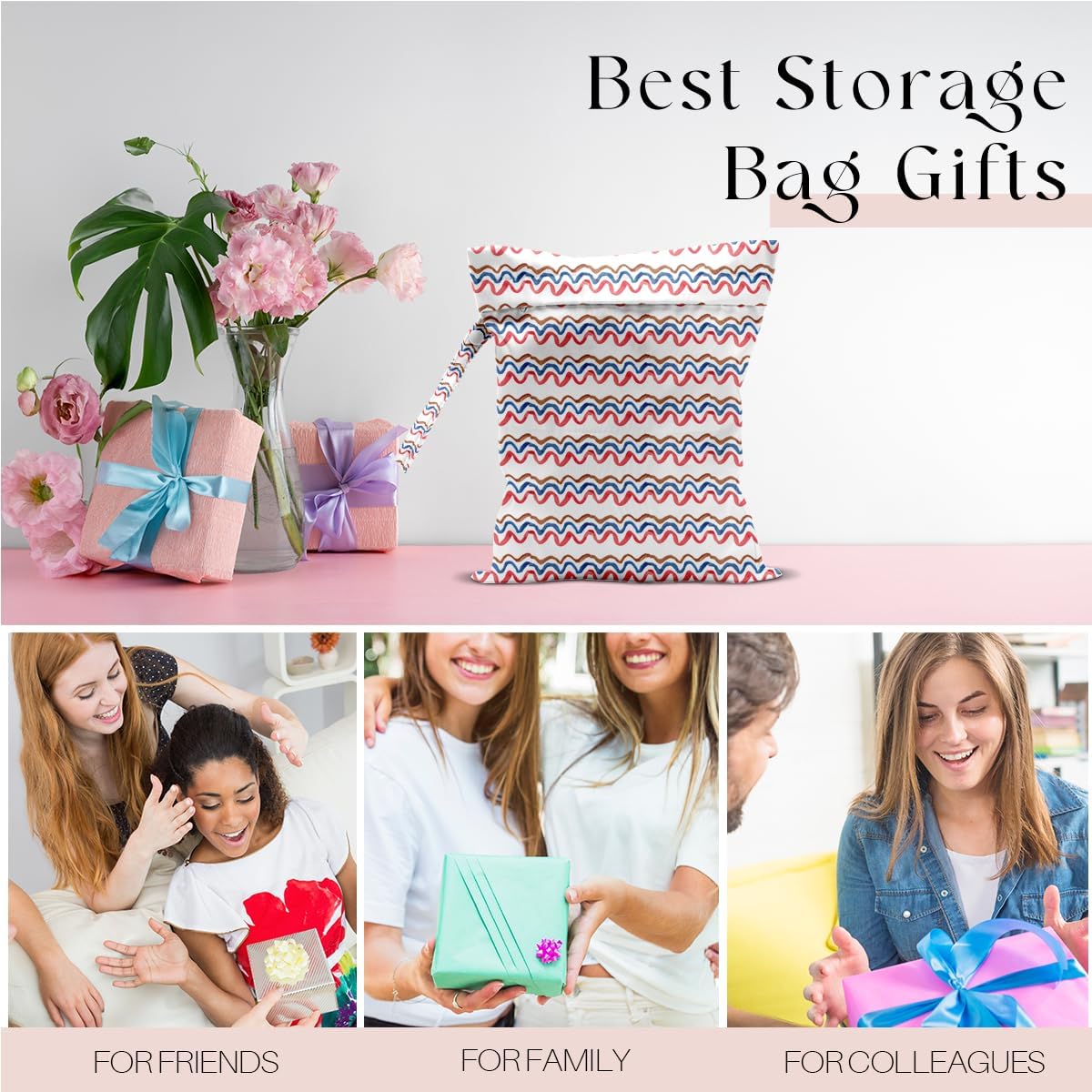 Wet Bag, Wet Dry Bag, Waterproof Swim Bags, Machine Washable Reusable Bags for Beach, Pool, Diapers, and Dirty Yoga Gym Clothes(Pink & White Stripe Prin