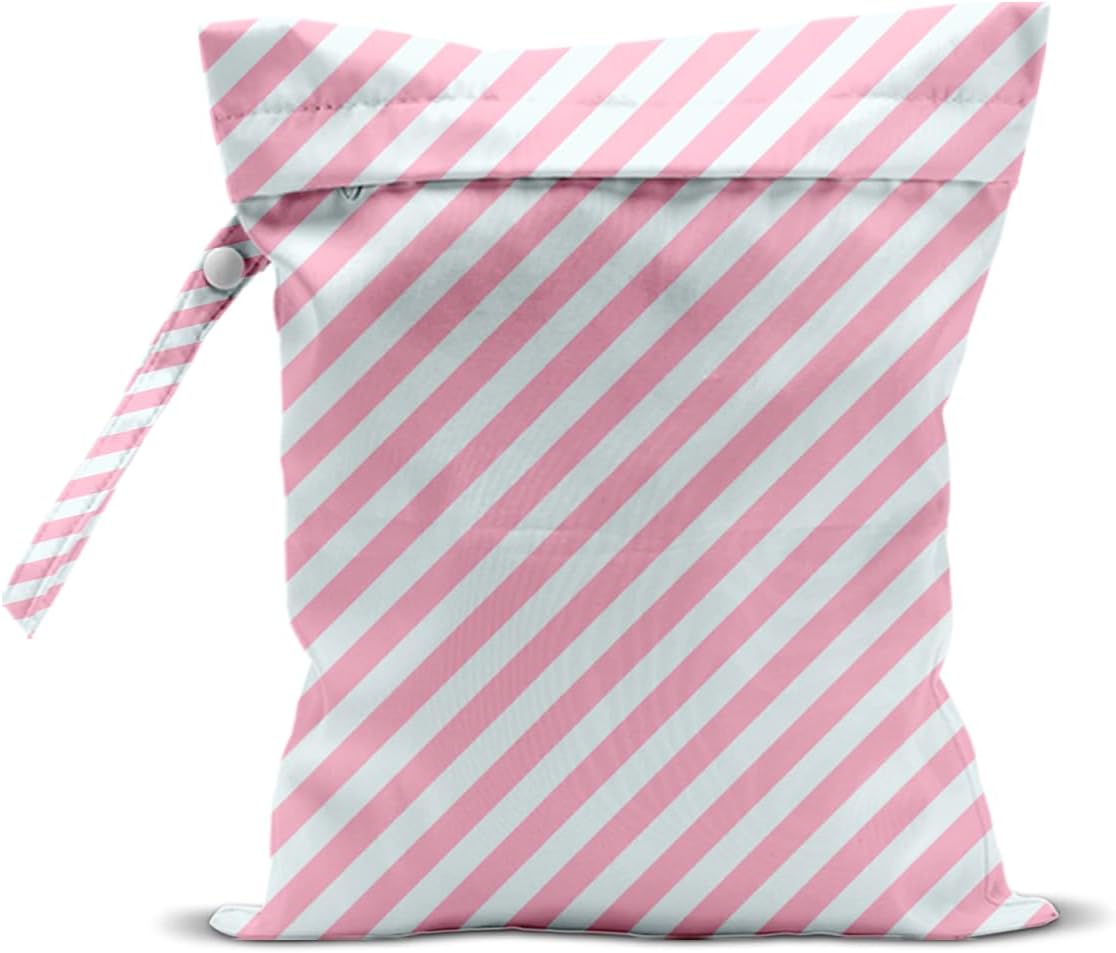 Wet Bag, Wet Dry Bag, Waterproof Swim Bags, Machine Washable Reusable Bags for Beach, Pool, Diapers, and Dirty Yoga Gym Clothes(Pink & White Stripe Prin