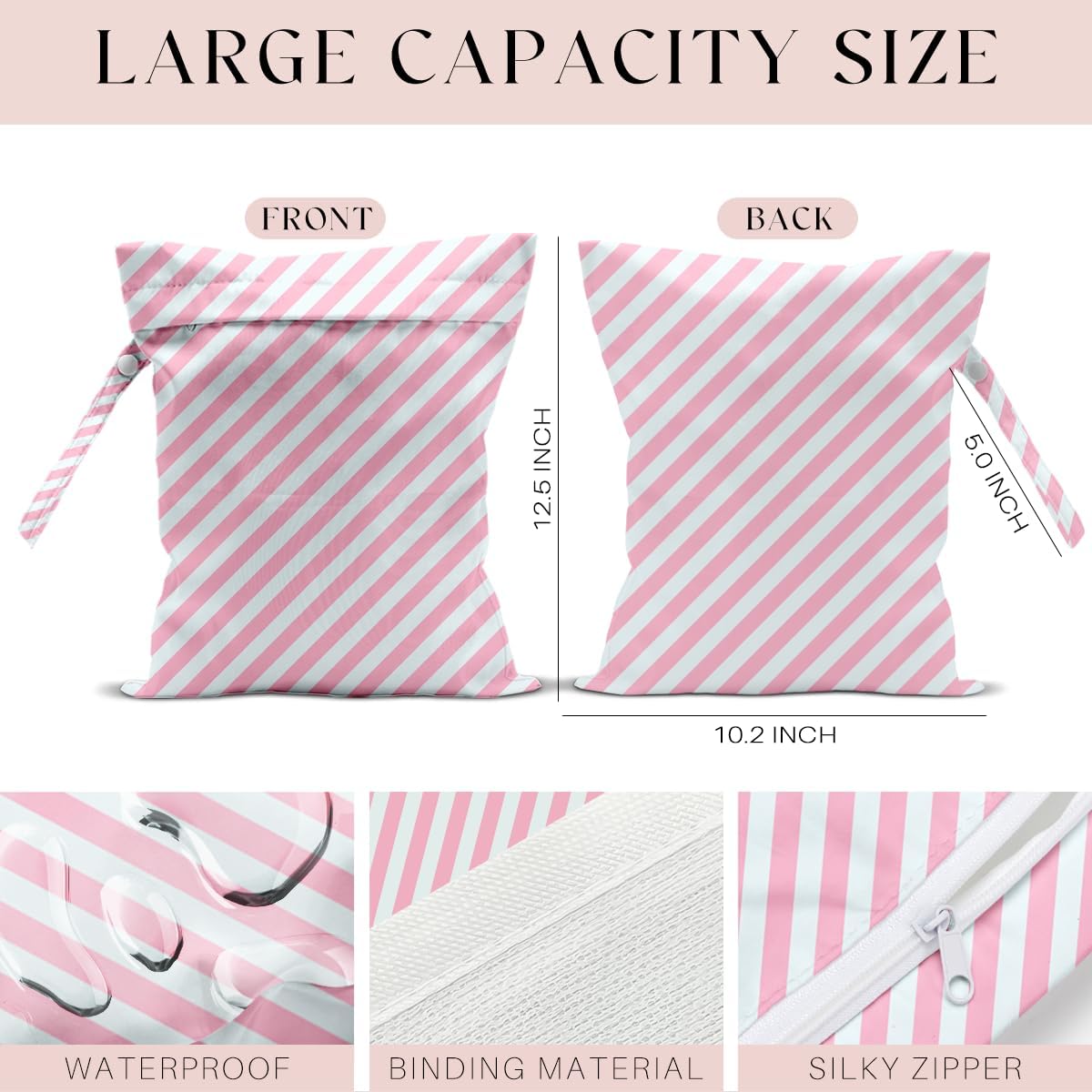 Wet Bag, Wet Dry Bag, Waterproof Swim Bags, Machine Washable Reusable Bags for Beach, Pool, Diapers, and Dirty Yoga Gym Clothes(Pink & White Stripe Prin