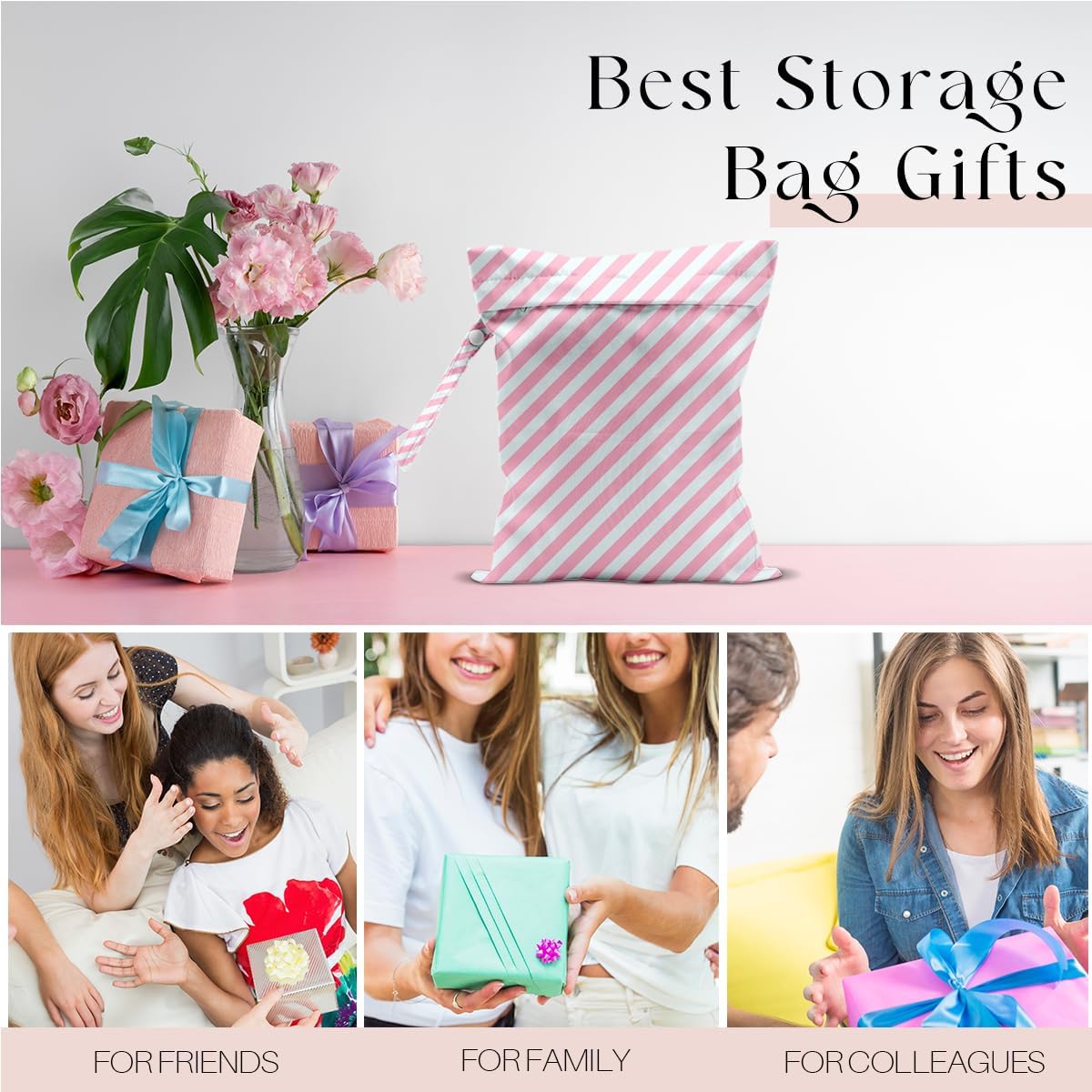 Wet Bag, Wet Dry Bag, Waterproof Swim Bags, Machine Washable Reusable Bags for Beach, Pool, Diapers, and Dirty Yoga Gym Clothes(Pink & White Stripe Prin