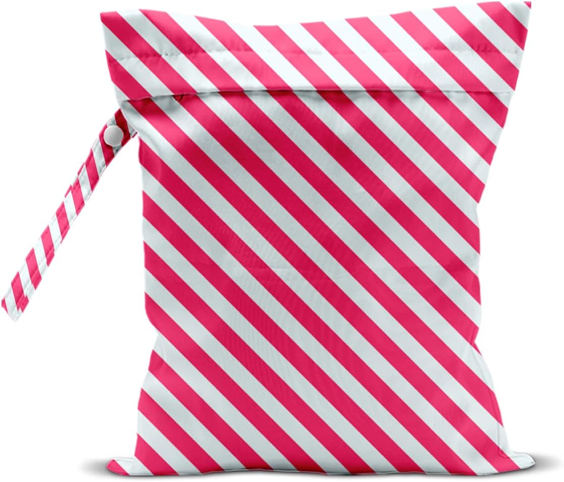 Wet Bag, Wet Dry Bag, Waterproof Swim Bags, Machine Washable Reusable Bags for Beach, Pool, Diapers, and Dirty Yoga Gym Clothes(Pink & White Stripe Prin