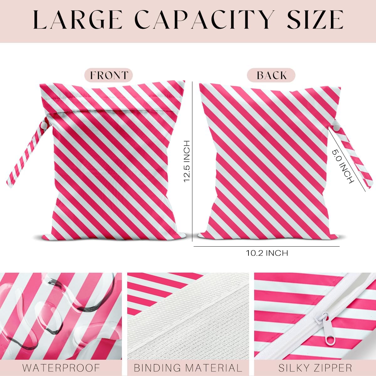 Wet Bag, Wet Dry Bag, Waterproof Swim Bags, Machine Washable Reusable Bags for Beach, Pool, Diapers, and Dirty Yoga Gym Clothes(Pink & White Stripe Prin