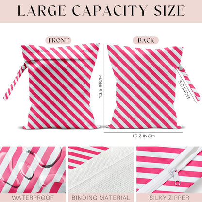 Wet Bag, Wet Dry Bag, Waterproof Swim Bags, Machine Washable Reusable Bags for Beach, Pool, Diapers, and Dirty Yoga Gym Clothes(Pink & White Stripe Prin