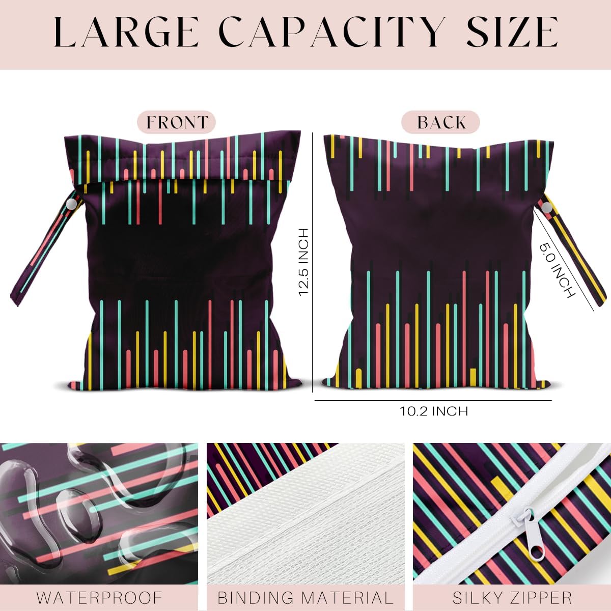 Wet Bag, Wet Dry Bag, Waterproof Swim Bags, Machine Washable Reusable Bags for Beach, Pool, Diapers, and Dirty Yoga Gym Clothes(Pink & White Stripe Prin