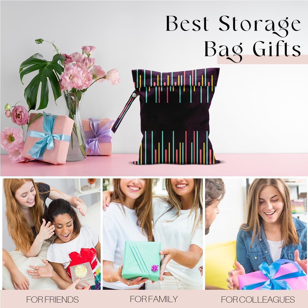 Wet Bag, Wet Dry Bag, Waterproof Swim Bags, Machine Washable Reusable Bags for Beach, Pool, Diapers, and Dirty Yoga Gym Clothes(Pink & White Stripe Prin
