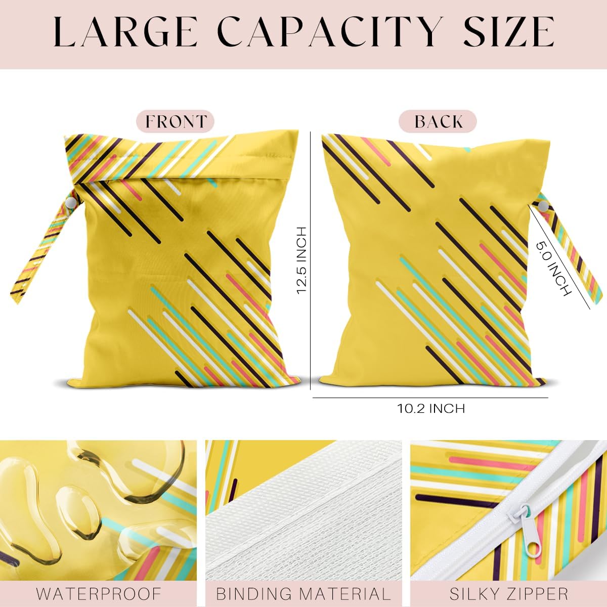 Wet Bag, Wet Dry Bag, Waterproof Swim Bags, Machine Washable Reusable Bags for Beach, Pool, Diapers, and Dirty Yoga Gym Clothes(Pink & White Stripe Prin