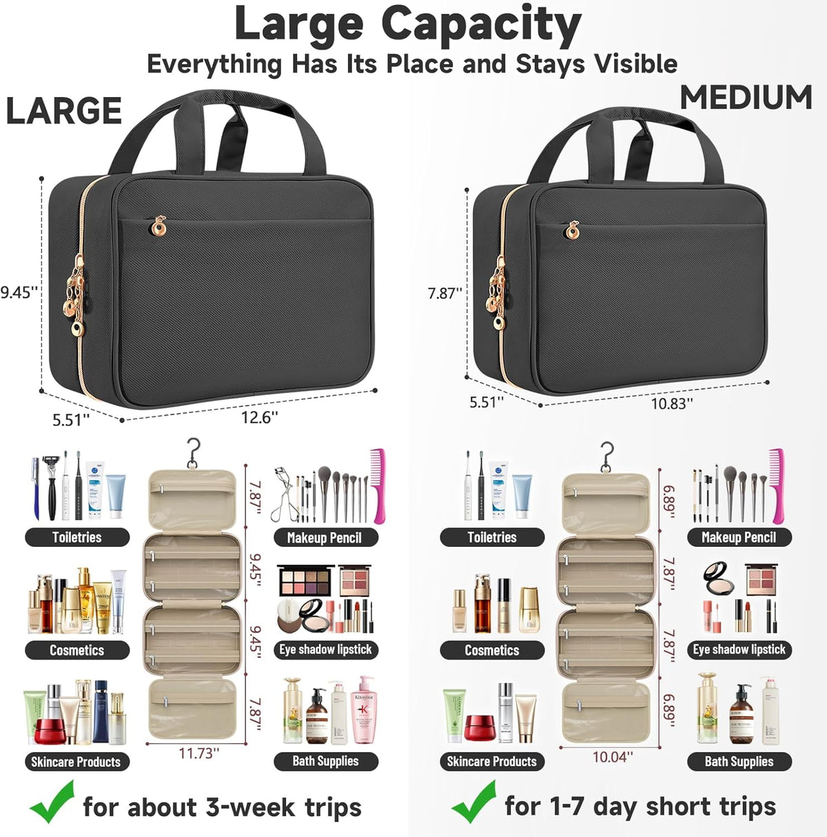 Travel Toiletry Bags, Portable Travel Bag with Hanging Hook for Women, Waterproof and Hanging Makeup Bag Travel Organizer Accessories for Travel Essentials (Pink, Medium)