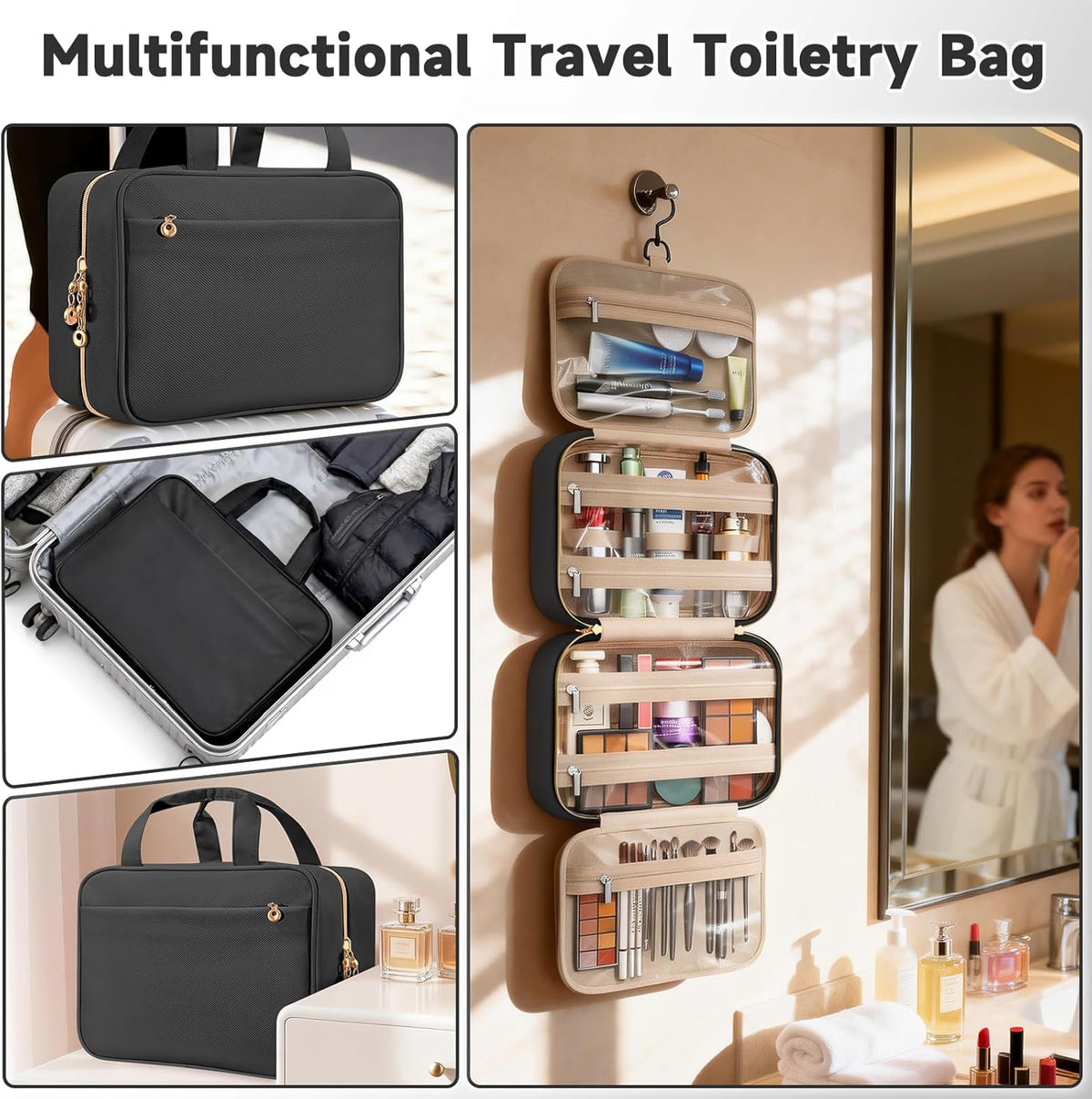 Travel Toiletry Bags, Portable Travel Bag with Hanging Hook for Women, Waterproof and Hanging Makeup Bag Travel Organizer Accessories for Travel Essentials (Pink, Medium)