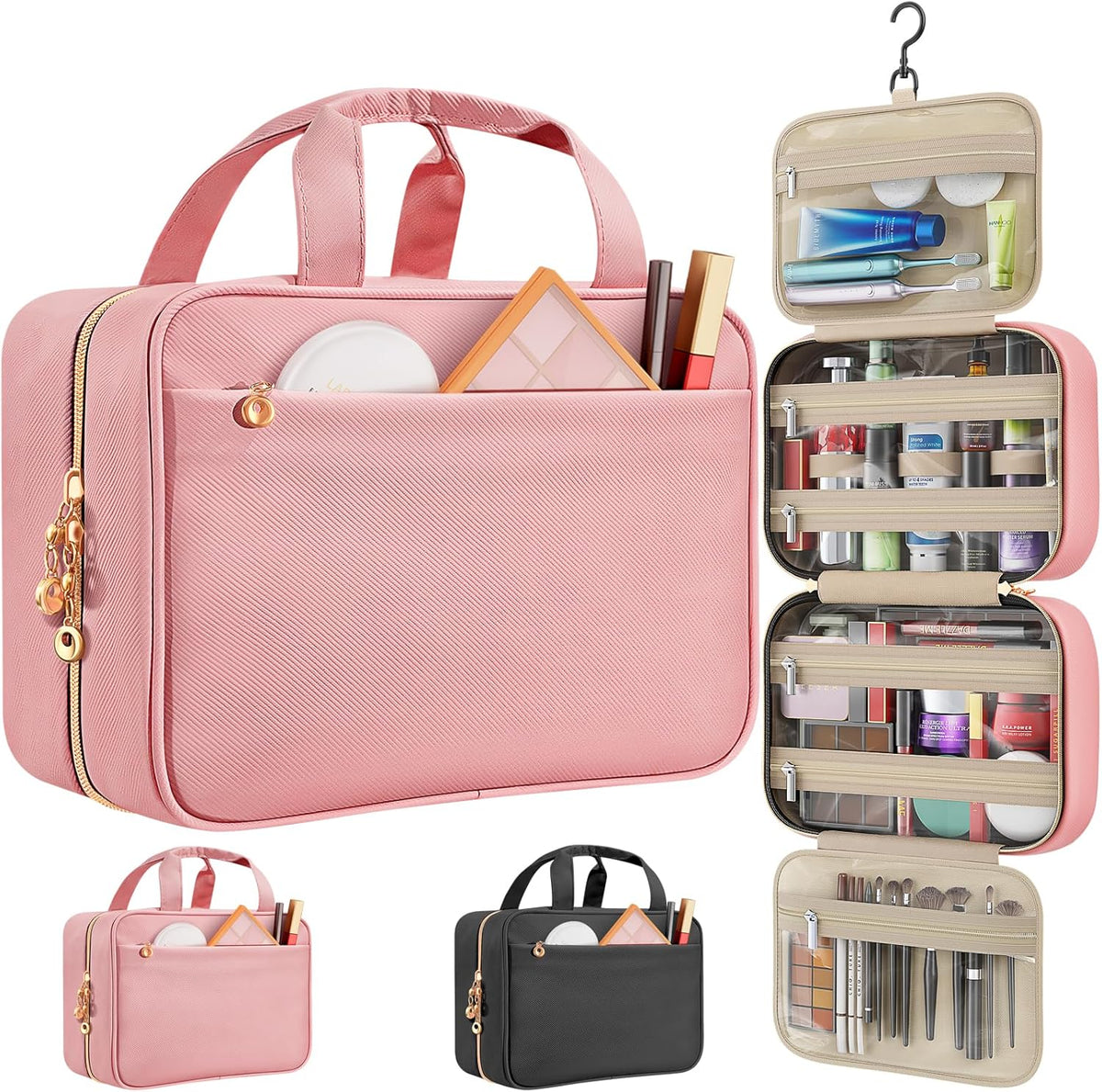 Travel Toiletry Bags, Portable Travel Bag with Hanging Hook for Women, Waterproof and Hanging Makeup Bag Travel Organizer Accessories for Travel Essentials (Pink, Medium)