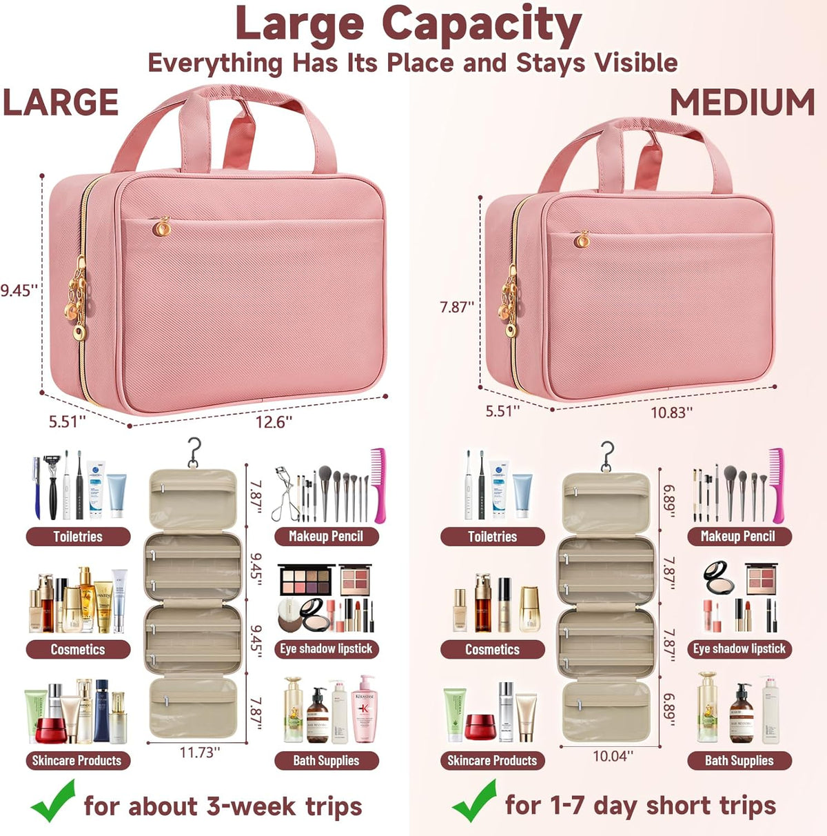 Travel Toiletry Bags, Portable Travel Bag with Hanging Hook for Women, Waterproof and Hanging Makeup Bag Travel Organizer Accessories for Travel Essentials (Pink, Medium)