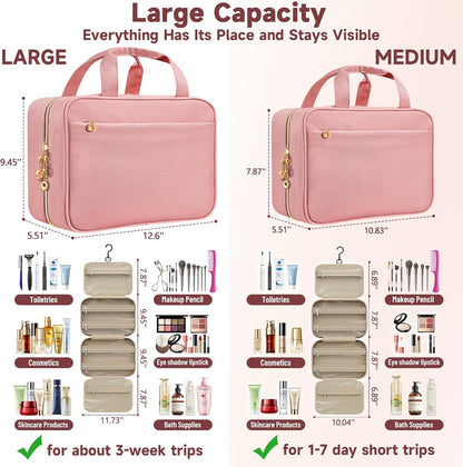 Travel Toiletry Bags, Portable Travel Bag with Hanging Hook for Women, Waterproof and Hanging Makeup Bag Travel Organizer Accessories for Travel Essentials (Pink, Medium)