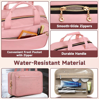 Travel Toiletry Bags, Portable Travel Bag with Hanging Hook for Women, Waterproof and Hanging Makeup Bag Travel Organizer Accessories for Travel Essentials (Pink, Medium)