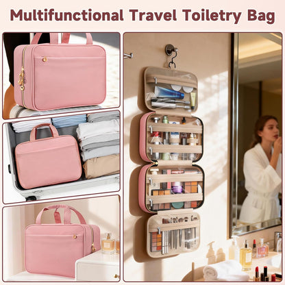 Travel Toiletry Bags, Portable Travel Bag with Hanging Hook for Women, Waterproof and Hanging Makeup Bag Travel Organizer Accessories for Travel Essentials (Pink, Medium)
